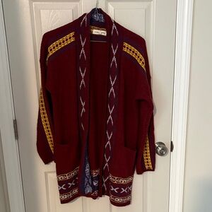 Lucky Brand Maroon Open-Front Cardigan with Yellow & Navy Accents